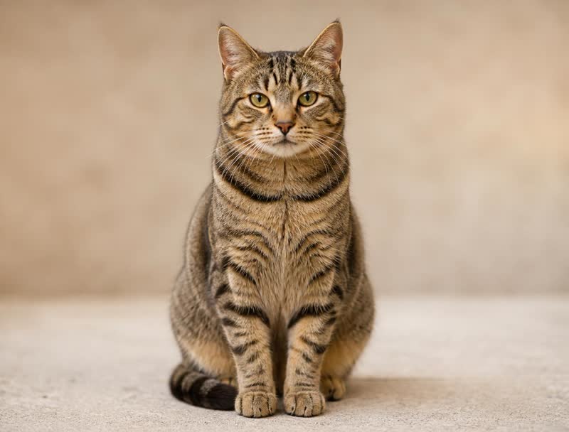 Getigerte Katze sitzt aufrecht und blickt in die Kamera