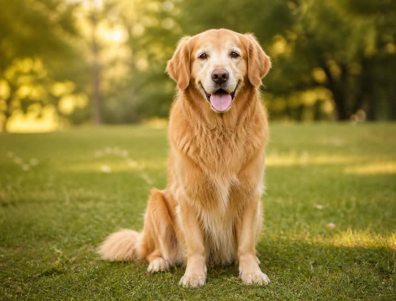 Golden Retriever sitzt aufmerksam im Grünen