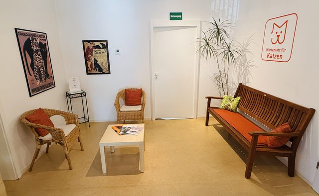 Wandschild „Warteplatz für Katzen“ über einer Sitzbank, davor Sessel und ein niedriger Tisch